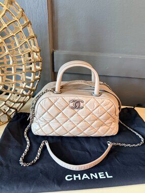 Chanel Taupe Grey Quilted Leather Boston Bowling Bag with Chain Strap